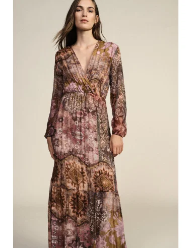 Abito Lungo Stampa Patchwork Con Scollo A V Dixie