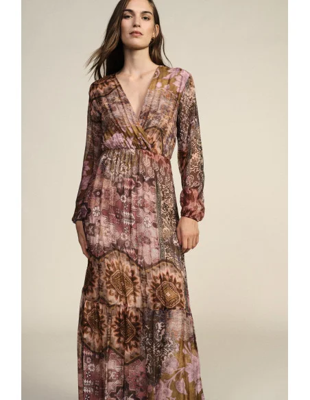 Robe longue imprimée patchwork avec décolleté en V Dixie
