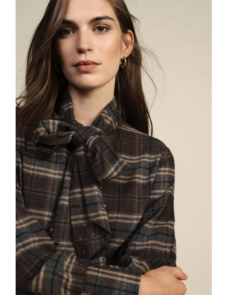 Plaid Blouse with Bow, Collar and Long Sleeves Dixie