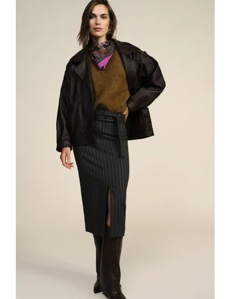 Striped Skirt with Belt and Front Slit Dixie