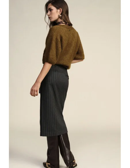 Striped Skirt with Belt and Front Slit Dixie