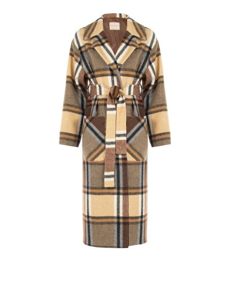Long Check-Patterned Duster Coat Without Buttons and with Large Pockets by Rinascimento