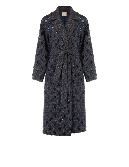 Cappotto Lungo Spolverino In Misto Lana Bouclé Con Perline E Lurex Rinascimento