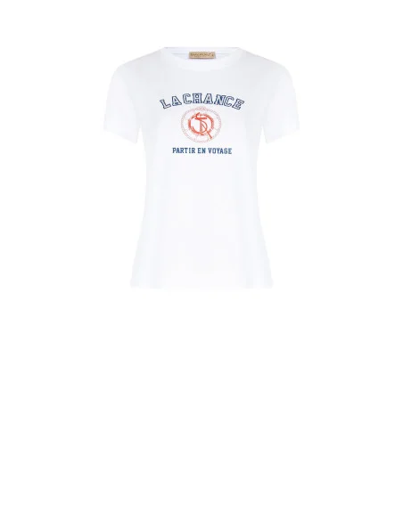 T-shirt coupe classique en coton mélangé, avec imprimé bleu marine et strass « Rinascimento »