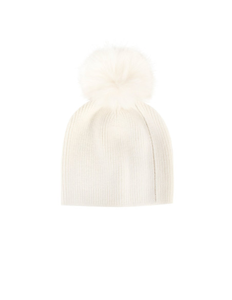 Viscose and angora blend hat with lurex trim and faux fur pom-poms ...