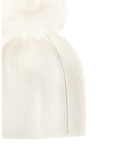 Viscose and angora blend hat with lurex trim and faux fur pom-poms ...