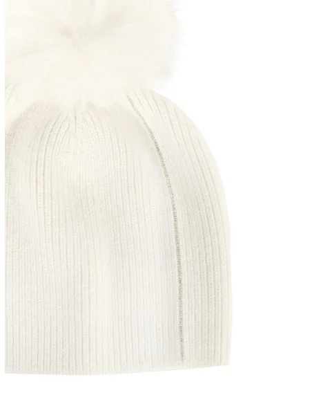 Bonnet en mélange de viscose et d’angora avec motif en lurex et pompon en fausse fourrure Rinascimento