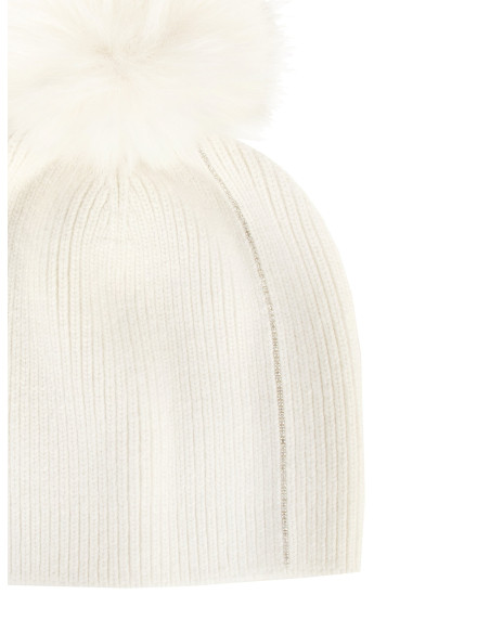 Viscose and angora blend hat with lurex trim and faux fur pom-poms ...