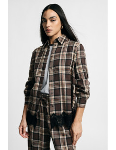 Check-print shirt with lace trim and long sleeves, please