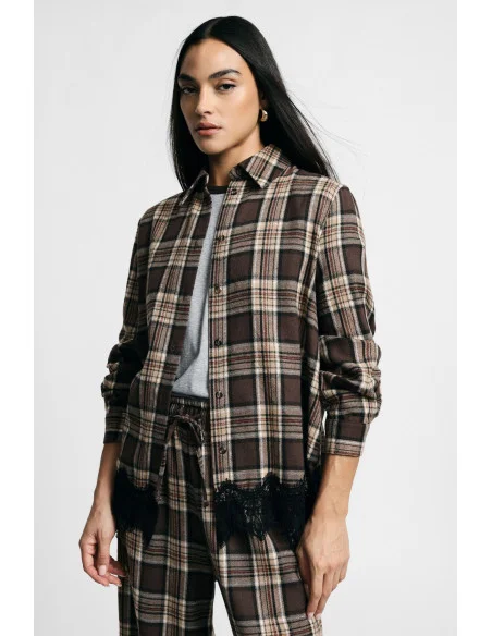 Shirt Stampa Check Con Bordo In Pizzo E Maniche Lunghe Please