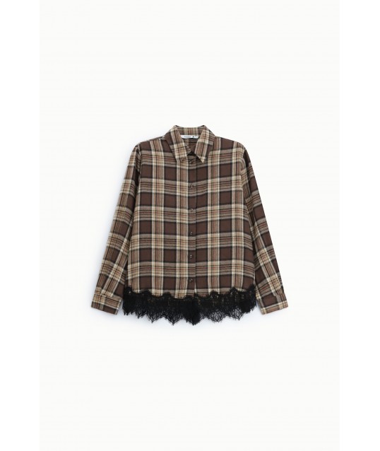 Check-print shirt with lace trim and long sleeves, please