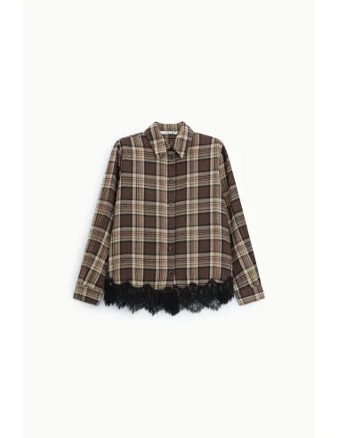 Check-print shirt with lace trim and long sleeves, please