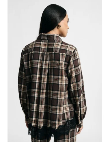 Check-print shirt with lace trim and long sleeves, please