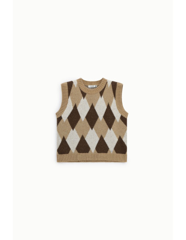 Sleeveless Crew-Neck Jumper with Diamond Pattern – Please
