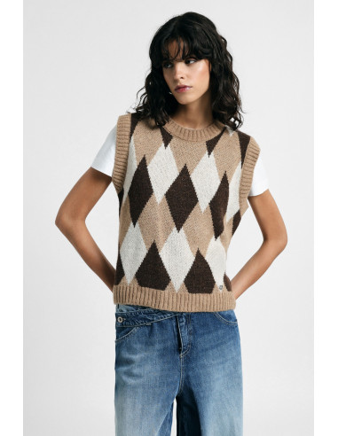 Pull sans manches à col rond avec motif en losanges « Please »