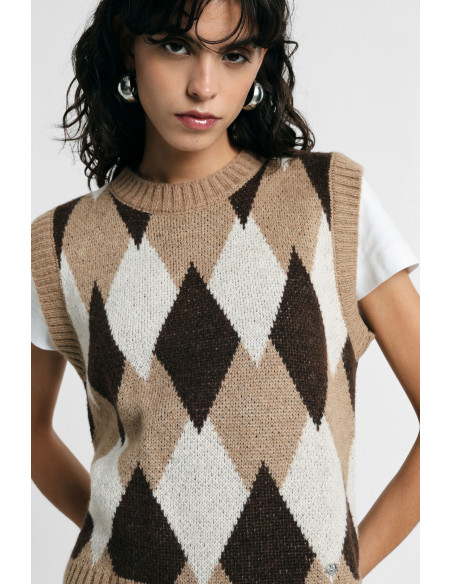 Pull sans manches à col rond avec motif en losanges « Please »