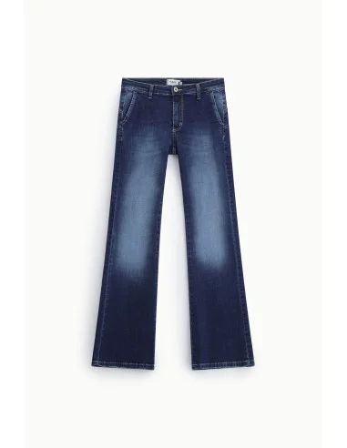Flare-fit jeans with a wide hem and exposed stitching, please