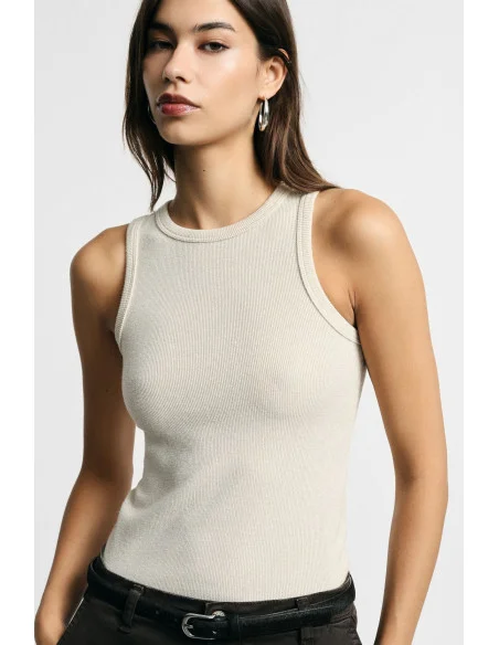 Regular-Fit Ribbed Sleeveless Top with Round Neck – Please