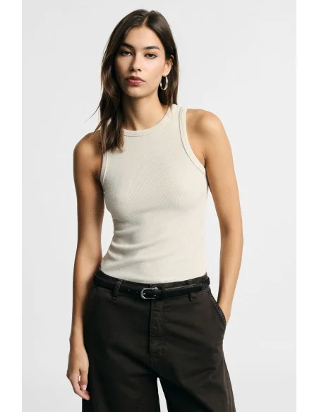 Regular-Fit Ribbed Sleeveless Top with Round Neck – Please