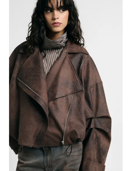Biker-style jacket with zip and drawstring, please