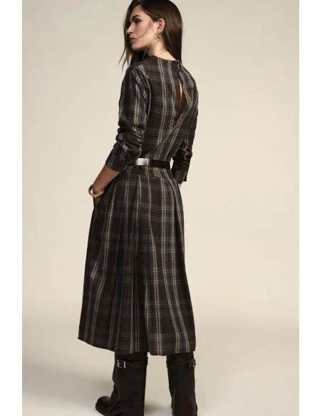 Dixie Checked Midi Dress with Belt and Long Sleeves