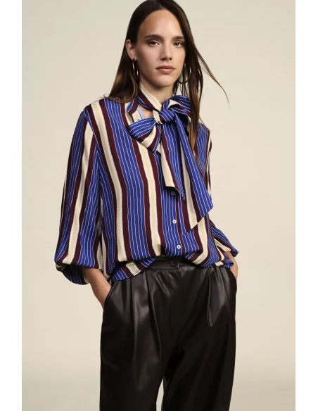 Dixie Striped Shirt with Bow at the Neck and Gathered Cuffs