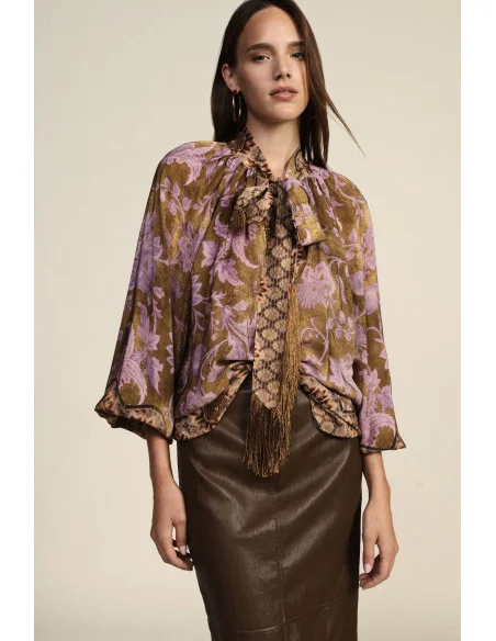Dixie Loose-Fitting Floral Print Blouse with Bow and Fringing