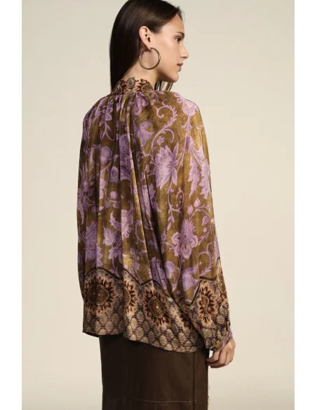 Dixie Loose-Fitting Floral Print Blouse with Bow and Fringing
