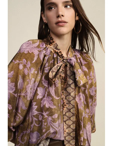 Blusa Ampia Fantasia Floreale Con Fiocco E Frange Dixie