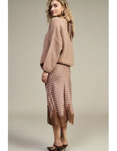 Dixie Printed Midi Skirt with Openwork Lace Trim