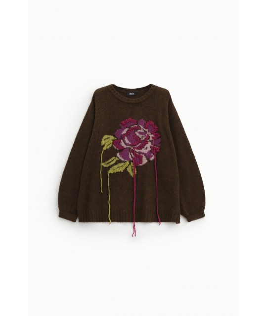 Maglione Girocollo Con Rosa Ricamata E Dettagli Filati Dixie