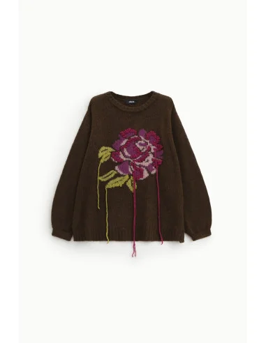 Crew-neck jumper with embroidered rose and Dixie yarn details