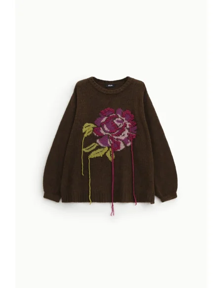 Pull à col rond avec rose brodée et détails en fil Dixie