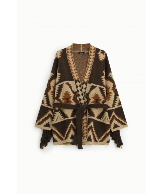 Dixie Geometric Print Cardigan with Belt and Fringing