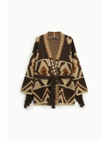 Dixie Geometric Print Cardigan with Belt and Fringing