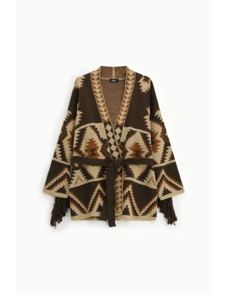 Cardigan à imprimé géométrique avec ceinture et franges Dixie