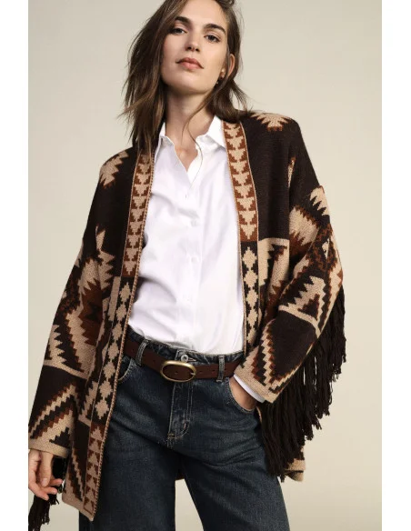 Dixie Geometric Print Cardigan with Belt and Fringing