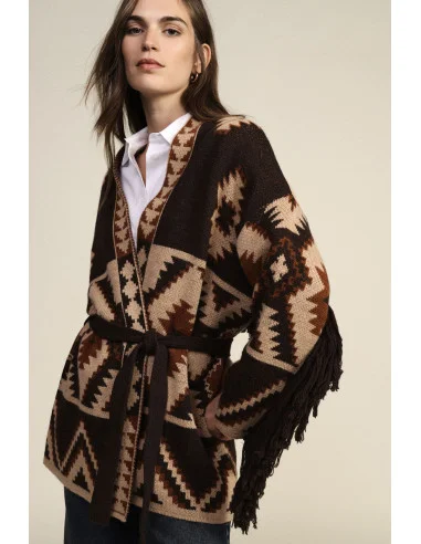 Dixie Geometric Print Cardigan with Belt and Fringing