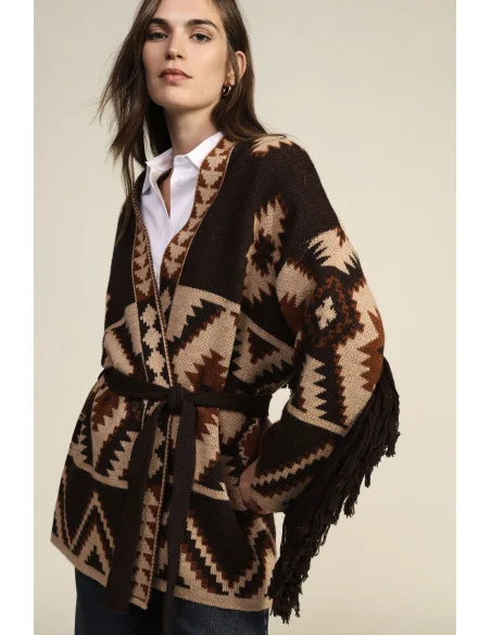 Dixie Geometric Print Cardigan with Belt and Fringing