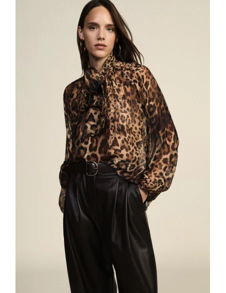 Loose Animal Print Blouse with Bow Dixie