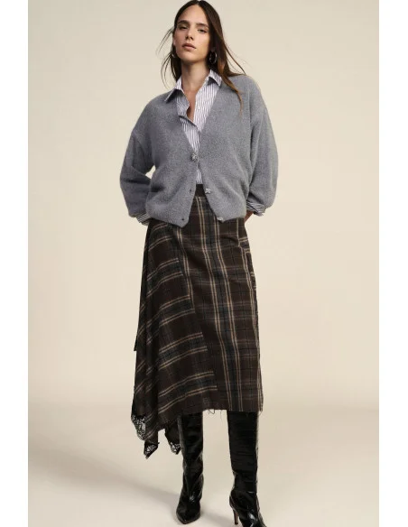 Plaid Skirt With Asymmetrical Hem And Lace Dixie