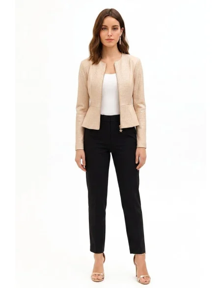 Faux-leather peplum jacket with an interwoven chequered pattern and Rinascimento-style shoulder straps