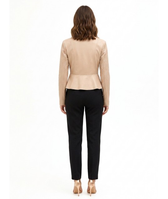 Faux-leather peplum jacket with an interwoven chequered pattern and Rinascimento-style shoulder straps