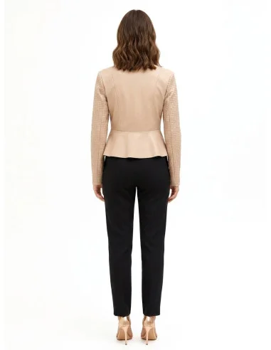 Faux-leather peplum jacket with an interwoven chequered pattern and Rinascimento-style shoulder straps