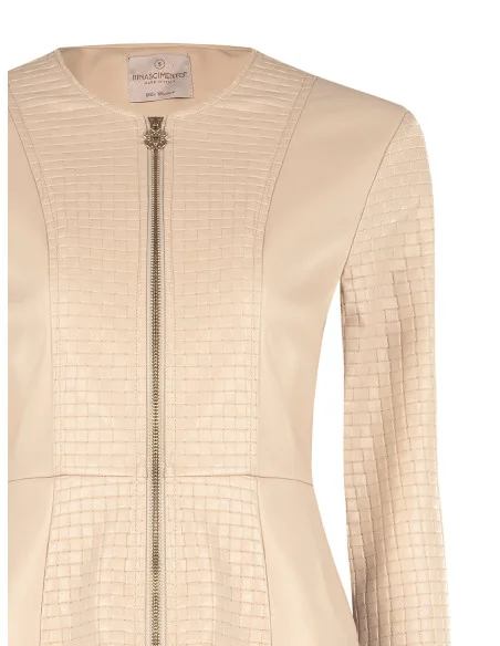 Faux-leather peplum jacket with an interwoven chequered pattern and Rinascimento-style shoulder straps