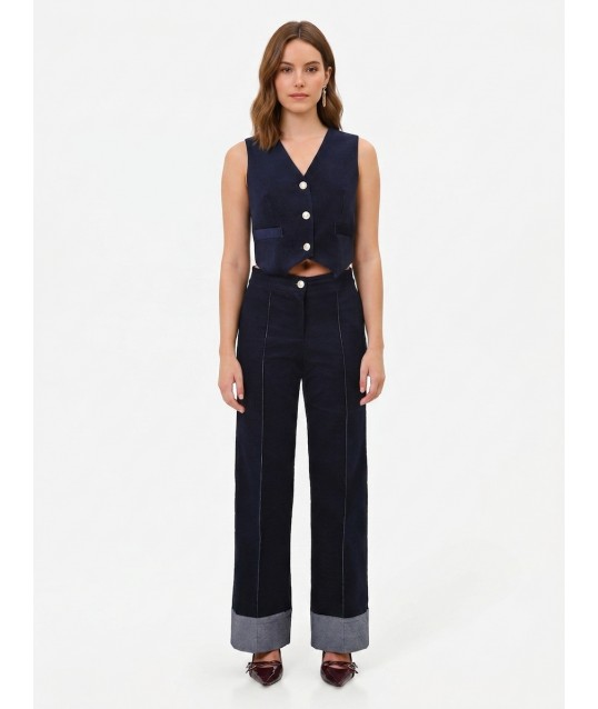 Pantaloni Larghi In Velour Con Maxi Risvolti In Denim Rinascimento