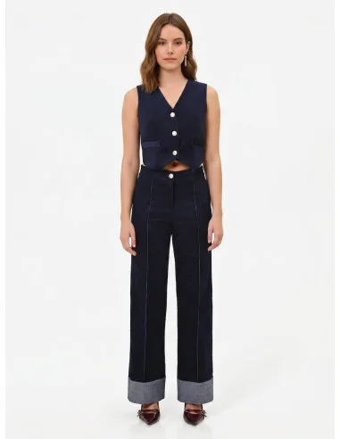 Pantaloni Larghi In Velour Con Maxi Risvolti In Denim Rinascimento