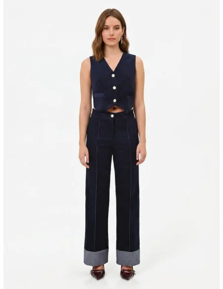 Wide-leg velour trousers with maxi denim cuffs by Rinascimento