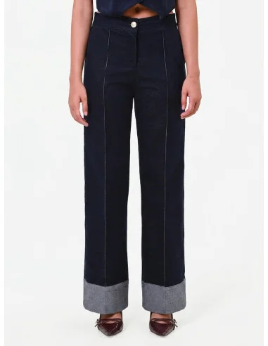 Wide-leg velour trousers with maxi denim cuffs by Rinascimento