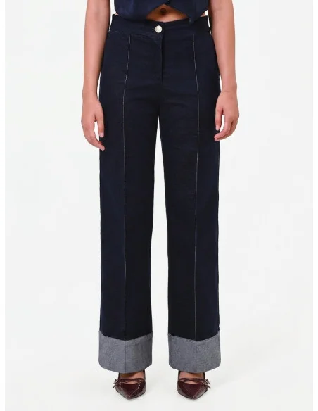 Wide-leg velour trousers with maxi denim cuffs by Rinascimento